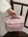 Flauschige rosa Leo-Print Kosmetiktasche, weiche Plüsch Make-up Tasche mit Reißverschluss. - Rosa Leopardenmuster - Rechteckig mit Griff