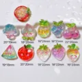Resin DIY charm size chart showing various cute fruit and mushroom cabochons with dimensions. - Smiling Fruit Series (10 Pieces)