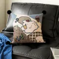 Detail shot of a cute cartoon Bauhaus style throw pillow with dog pattern and pom poms. - 35x35cm Pillowcase Without Core / Sweet Corner Black Pom-Pom