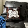 Detailed view of a brown plaid throw pillow with black pom-poms and cute puppy pattern for sofa. - 35x35cm Pillowcase Without Core / Brown Dog Black Pom-Pom