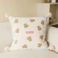 Cream style cute bear throw pillow with four pom poms and blue bow border for sofa living room - 40x40cm (Cover Only) / Beige Bear White Pom-Poms