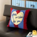 Detail view of Bauhaus style sofa pillow with red blue stripes and heart print for living room. - Hidden Blessings