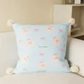 Cute blue plush pillow with fluffy pom poms and adorable rabbit print, soft sofa cushion decor. - 40x40cm (Cover Only) / Blue Rabbit White Pom-Poms