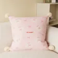 Pink plush rabbit pillow cushion with corner balls and bow design for sofa living room bed - 40x40cm (Cover Only) / Pink Rabbit White Pom-Poms