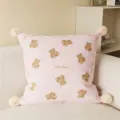 Pink cute bear pattern decorative throw pillow with plush balls and bow border for sofa bed - 40x40cm (Cover Only) / Pink Bear White Pom-Poms