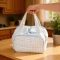 Blau und weiß karierte Kosmetiktasche große Kapazität tragbare Reise Kulturbeutel - Beige Weiß-Doppelöffnung Wolke Tasche