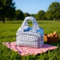 Blue and white checkered cosmetic bag, portable travel makeup organizer with zipper. - Dark Blue Plaid-Double Opening Cloud Bag