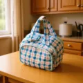 Large capacity quilted cosmetic bag, blue plaid travel wash bag with double layer zipper. - Blue Red Plaid-Double Opening Cloud Bag