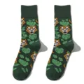 Dark green crew socks featuring fun cartoon jungle tiger and leaf allover print casual daily use - One Size / Tiger And Monstera Leaf Print Style (A1181) / Dark Green