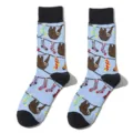 Cute cartoon sloth print mid-calf socks for women and men, comfortable cotton casual hosiery. - One Size / Sloth And Clothesline Print Style (A1183) / Light Blue