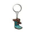 Llavero de bota y sombrero de vaquero western, turquesa marrón PVC para bolsos y llaves. - Bota de Vaquero Leopardo Azul Cielo
