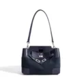 Bolso de hombro de cuero azul oscuro con ante, solapa y cierre de giro para estilo diario elegante. - Azul Real
