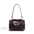 Bolso de hombro de cuero marrón, elegante bolso de cercanías con cerradura metálica y correa. - Café Oscuro