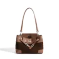 Bolso de hombro marrón de cuero genuino para mujer, elegante bolso cruzado casual con cierre. - Marrón Oscuro