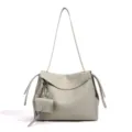 Grey leather shoulder bag, large capacity commuting crossbody bag with small coin purse. - Gray (Artificial Pearl Decoration)