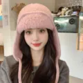 Bonnet aviateur en tricot rose pour femme, chapeau d'hiver chaud, style coréen mignon. - 56-59cm (Élastique) / Rose