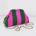 Detailed view of the stylish pink and green knit cosmetic pouch with a chic gold chain strap. - Thick Striped / Green And Pink Stripes