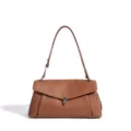 Bolso de hombro de cuero marrón, diseño elegante de solapa con cierre metálico para mujeres. - Marrón Caramelo