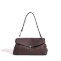 Bolso de hombro de cuero marrón, cierre de solapa con cerradura metálica, bolso elegante. - Café