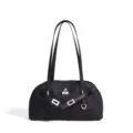 Bolso de hombro negro de piel, elegante bolso minimalista con hebilla metálica y doble asa. - Negro