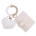 Silicone beaded wristlet keychain featuring a faux fur heart pom-pom and PU leather card holder. - Beige