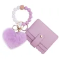 Purple silicone bead wristlet keychain with fluffy heart pom pom and PU leather card wallet. - Purple