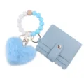 Cute blue fluffy heart pendant silicone bead wristlet keychain with cardholder wallet. - Blue