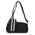 Japans minimalistische zwarte crossbody schoudertas met klein tasje en witte strepen. - Cilindrische 2-in-1 Tas / Zwart