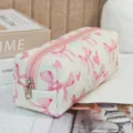 Quilted bow cosmetic bag detail, pink hearts pattern fabric storage pouch for travel daily use. - Heart and Butterfly