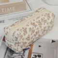Quilted floral cotton makeup bag portable cute pencil pouch storage bag beige variant - White with Brown Flowers