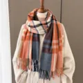Retro plaid imitation cashmere warm winter scarf with stylish fringe for women and men. - Orange