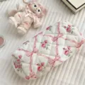 Quilted cosmetic bag with pink ribbon and rose floral print, large capacity pouch. - Pink Butterfly