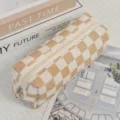 Beige and khaki checkered corduroy pencil case and cosmetic bag, portable zipper storage pouch. - Corduroy Checkerboard
