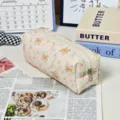Quilted floral pencil case cosmetic bag cute aesthetic stationery storage pouch for school office - White Base Orange Floral