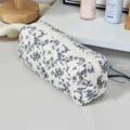 Quilted floral pencil case cosmetic pouch in blue and white variant style design - White Black Pattern