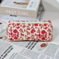 Red floral quilted pencil case cosmetic bag, stylish fabric storage pouch for daily use. - White Floral