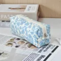 Quilted blue floral pencil case cosmetic bag stylish fabric makeup storage pouch organizer - White with Blue Flowers