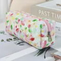 Quilted watercolor floral pencil case makeup bag cute aesthetic stationery storage pouch - Pink Orange Small Flowers
