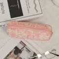 Pink floral quilted pencil case and makeup storage bag for school and office stationery use. - Pink Floral