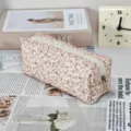 Pink floral quilted pencil case aesthetic makeup bag cute zipper stationery storage pouch - Corduroy Orange Flowers