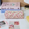 Quilted floral pencil case, large capacity fabric makeup bag for school and office. - Pink Floral