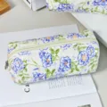 Quilted floral pencil case and makeup bag, cylindrical fabric storage pouch for stationery. - Green Large Floral