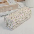 Quilted floral pencil case cosmetic pouch cute stationery storage bag minimalist design - Green Leaf Pink Flower