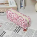Pink floral quilted pencil case, stylish fabric makeup pouch and cute stationery storage bag. - Ribbon Pink Flower