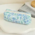 Blue floral quilted pencil case, cute aesthetic fabric cosmetic bag and stationery pouch. - Dark Blue Floral