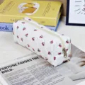 White quilted fabric pencil case with red cherry print, minimalist cosmetic storage bag. - Cherry