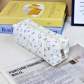 White quilted pencil case with red cherry print, large capacity cute storage bag. - Little Cherry