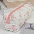 Quilted cosmetic bag with pink bow print, cute makeup pouch and pencil case storage. - Flower Butterfly