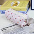 Pink and white plaid cherry print pencil case, cute aesthetic makeup pouch for students and office. - Plaid Cherry