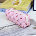 Pink quilted cherry print pencil case cosmetic bag, cute aesthetic stationery storage pouch. - Pink Cherry Print